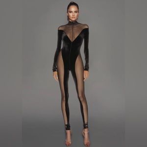 Black velvet and mesh long sleeve catsuit